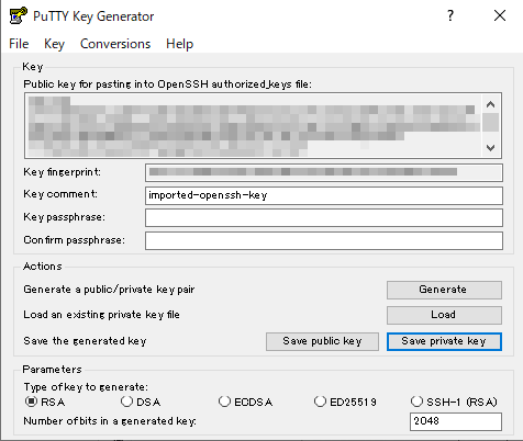 PuTTY Key GeneratorでPPKファイル生成